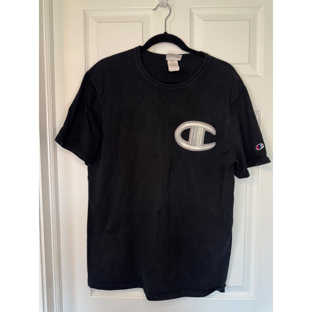 Champion Heritage Mens Black T-Shirt Large Chenille Big C Logo Patch GT19 BKC
